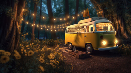 Night picnic near a yellow camper bus on a background of yellow garlands in the forest