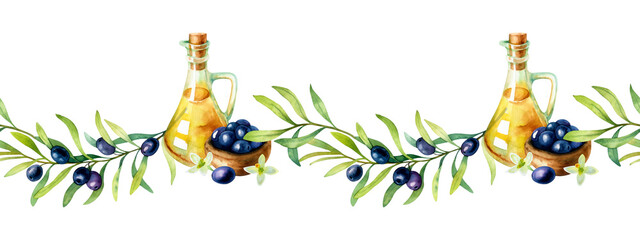 Watercolor seamless border of a bowl with ripe black olives, olive branch, olive oil in a glass bottle and flowers isolated on a white background.