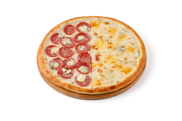 double pizza with pepperoni and dor blue cheese on white background for food delivery restaurant menu 3