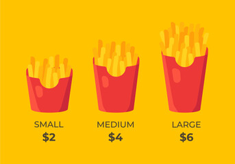 Vector illustration of different sizes of fries with prices. Illustration of fast food in minimalistic modern style on yellow background.