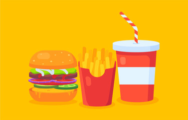 Vector illustration of a burger, fries and a drink. Illustration of fast food in minimalistic modern style. Juicy and beautiful fast food