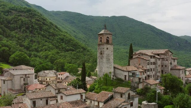 Aerial view of Greccio , small village in the mountains in Rieti Italy