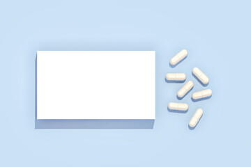 White Pills Box and capsule pills on blue background, Mock up,copy space . 3D Rendering