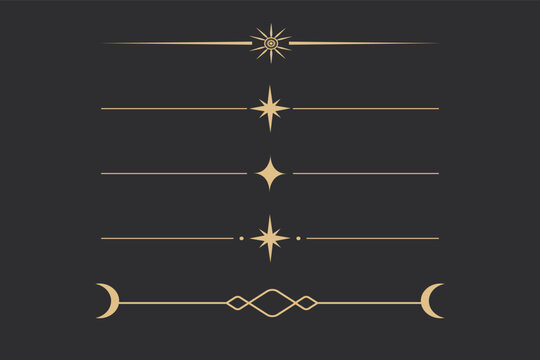Celestistial border, esoteric dovider line art with sparkles, stars and moon gold colored isolated on dark background.