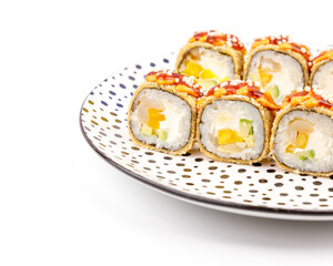 avocado pear and mango rolls on white background for food delivery restaurant menu