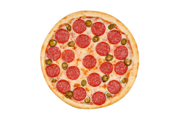 pizza with pepperoni and jalapeno peppers on white background for food delivery restaurant menu