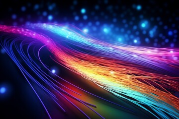 Colorful optic fiber electrical cables wires neon waves lines abstract 3d ai design background...