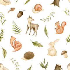 Pattern with woodland Animals and forest plants. Hand drawn Seamless watercolor background on white isolated backdrop. Baby ornament for childish textile design or kid wrapping paper. Cute characters.