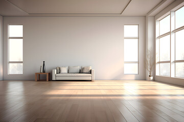 Fototapeta na wymiar minimalistic living room in a modern interior design with a lot of space and tall windows