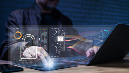 Content smile, a man sat at office desk, engrossed in programming on laptop; fingers swiftly typing code, building an intricate software masterpiece on a computer, professional a proficient programmer