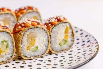 avocado pear and mango rolls on white background for food delivery restaurant menu 1