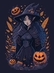 Halloween girl witch with pumpkin.