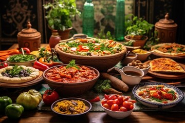 Fototapeta premium Mexican food in clay pots on rustic wooden table with ingredients