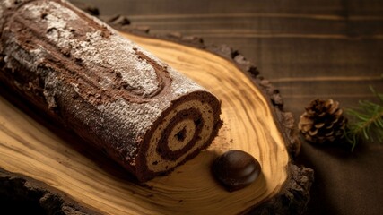 Fototapeta na wymiar Chocolate roll cake on a wooden background. Selective focus
