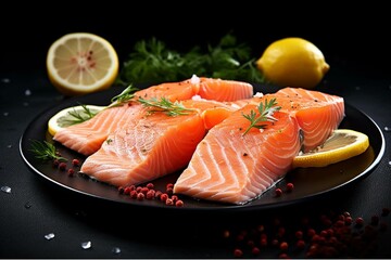 Salmon fillet with sauce and vegetables on a white plate