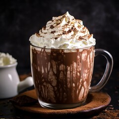 Chocolate milkshake with whipped cream and coffee beans on wooden table