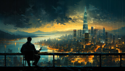 Fototapeta na wymiar Unrecognized man sitting on the chair on the balcony of a high building. Man looks at city panorama with skyscrapers at night. Generative AI.