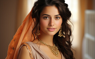 Beautiful smile of a pretty woman from India, traditional Indian clothes,