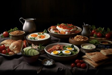 Healthy breakfast with fried eggs, vegetables, meat and toast on dark background