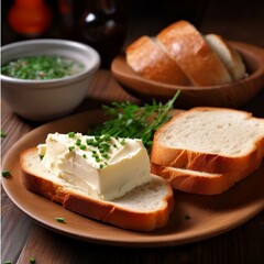 Bread with butter and chives on a wooden table. Selective focus