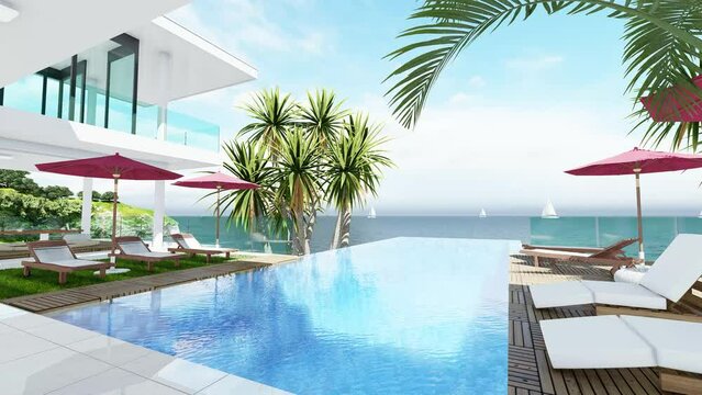 Luxury beach house with sea view swimming pool and terrace in modern design. 3D Animation. Lounge chairs on wooden floor deck in holiday home or hotel. Contemporary holiday villa exterior.