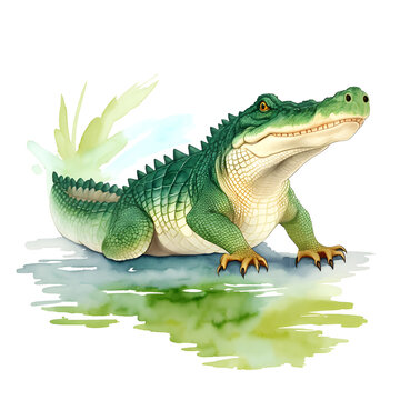 Crocodile in cartoon style. Cute Little Cartoon Crocodile isolated on white background. Watercolor drawing, hand-drawn Crocodile in watercolor. For children's books, for cards, 