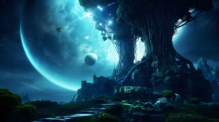 Obraz na płótnie Canvas Illuminated 3d fantasy fairytale dreamland, future, science, surreal, moon, city, ghost, dark 