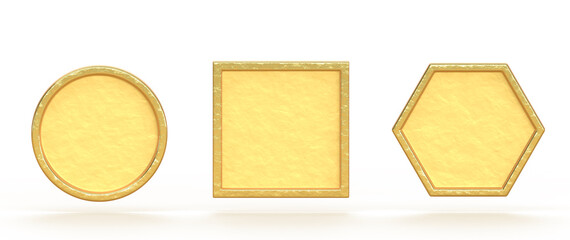 Gold plates, empty golden name plaques, 3d render icons set. Metal tags or badges, round, square and hexagon frames, game ui menu or app graphic elements isolated on white background. 3D illustration