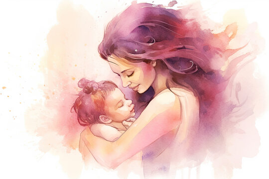 Watercolor illustration of mother holding newborn