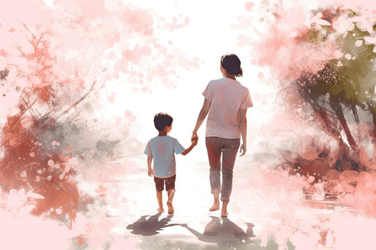 Watercolor illustration of mother holding her son, Love symbol of family concept