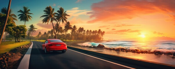 Obraz premium Aerial view on road with red car, with sunset, sea and palms., panorama. Wallpaper.