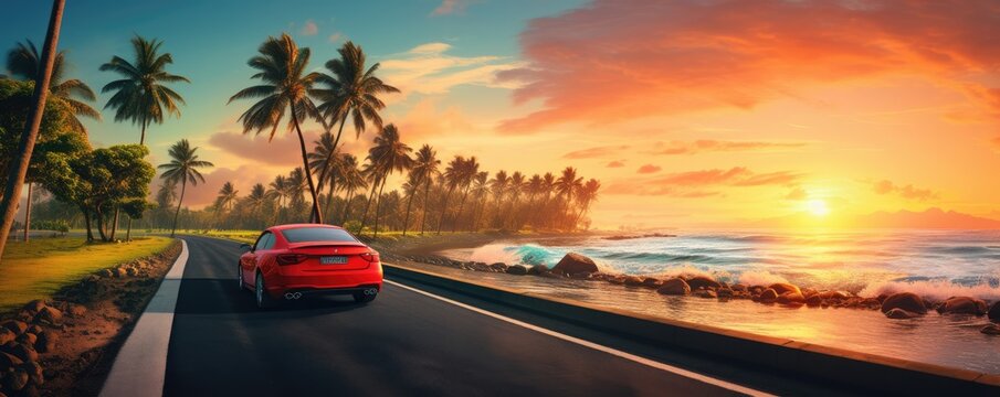 Aerial view on road with red car, with sunset, sea and palms., panorama. Wallpaper. © annamaria