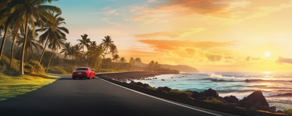 Aerial view on road with red car, with sunset, sea and palms., panorama. Wallpaper.