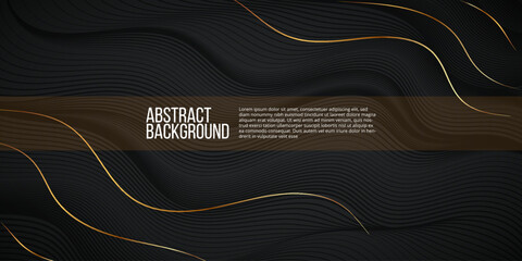 Abstract dark black color background overlapping layers decor golden lines with copy space for text. Luxury style. Eps 10 vector illustration.