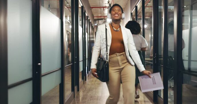 Happy, music and dance with business woman in office for greeting, creative and funny. Streaming, freedom and celebration with african employee and fist bump in agency for startup, comedy and relax