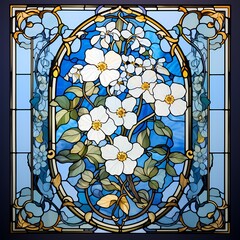 White flowers in stained glass in the style of victorian