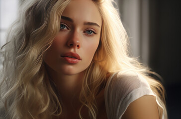 Naklejka premium A woman with blonde hair and blue eyes. AI generative.