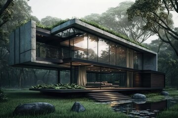 3d render modern house with rooftop terrace and stunning view generative ai