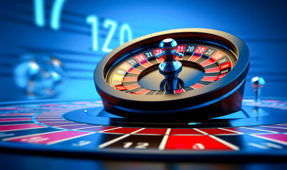 Obraz premium Roulette wheel and the number 21, 77, on a blue background.