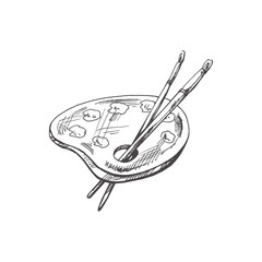 Vector hand-drawn school and art supplies Illustration. Detailed retro style palette with paints and brushes sketch. Vintage sketch element. Back to School. School essential illustration.