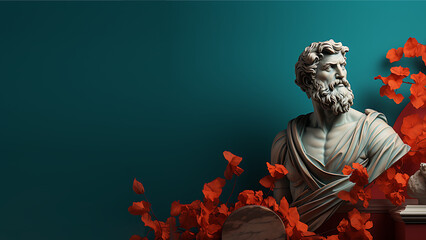 Stoic Greek Philosopher Statue Head with Autumn Leaves, Classic and Modern Digital Render - obrazy, fototapety, plakaty