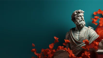 Fotobehang Stoic Greek Philosopher Statue Head with Autumn Leaves, Classic and Modern Digital Render © Anson