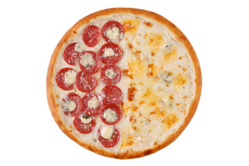 double pizza with pepperoni and dor blue cheese on white background for food delivery restaurant menu 1