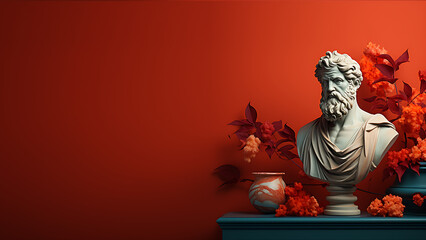 Stoic Greek Philosopher Statue Head with Autumn Leaves, Classic and Modern Digital Render