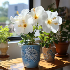 white hibiscus flower in a pot