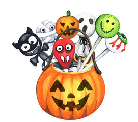 Watercolor Halloween Trick or Treat. Trick or Treat Basket on the White Background. Candy Basket
