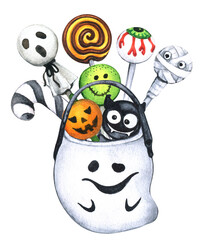 Watercolor Halloween Trick or Treat. Trick or Treat Basket on the White Background. Candy Basket