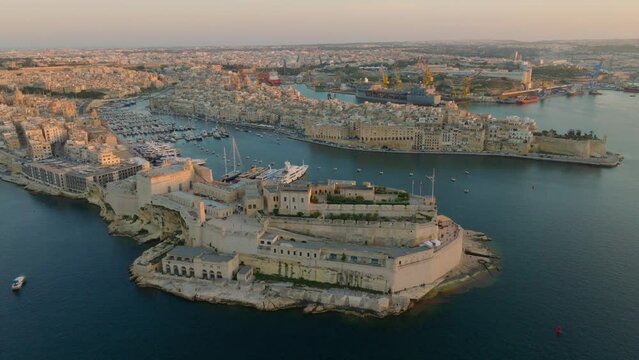 Fort St. Angelo, sunset. Drone view. Malta island