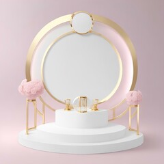 White pink pedestal background with Golden Glass Ring Frame for cosmetic product presentation Generative AI