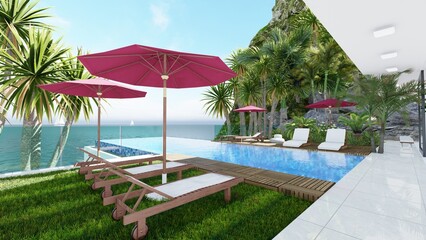 Luxury beach house with sea view swimming pool and terrace in modern design. 3D Rendering. Lounge chairs on wooden floor deck in holiday home or hotel. Contemporary holiday villa exterior.